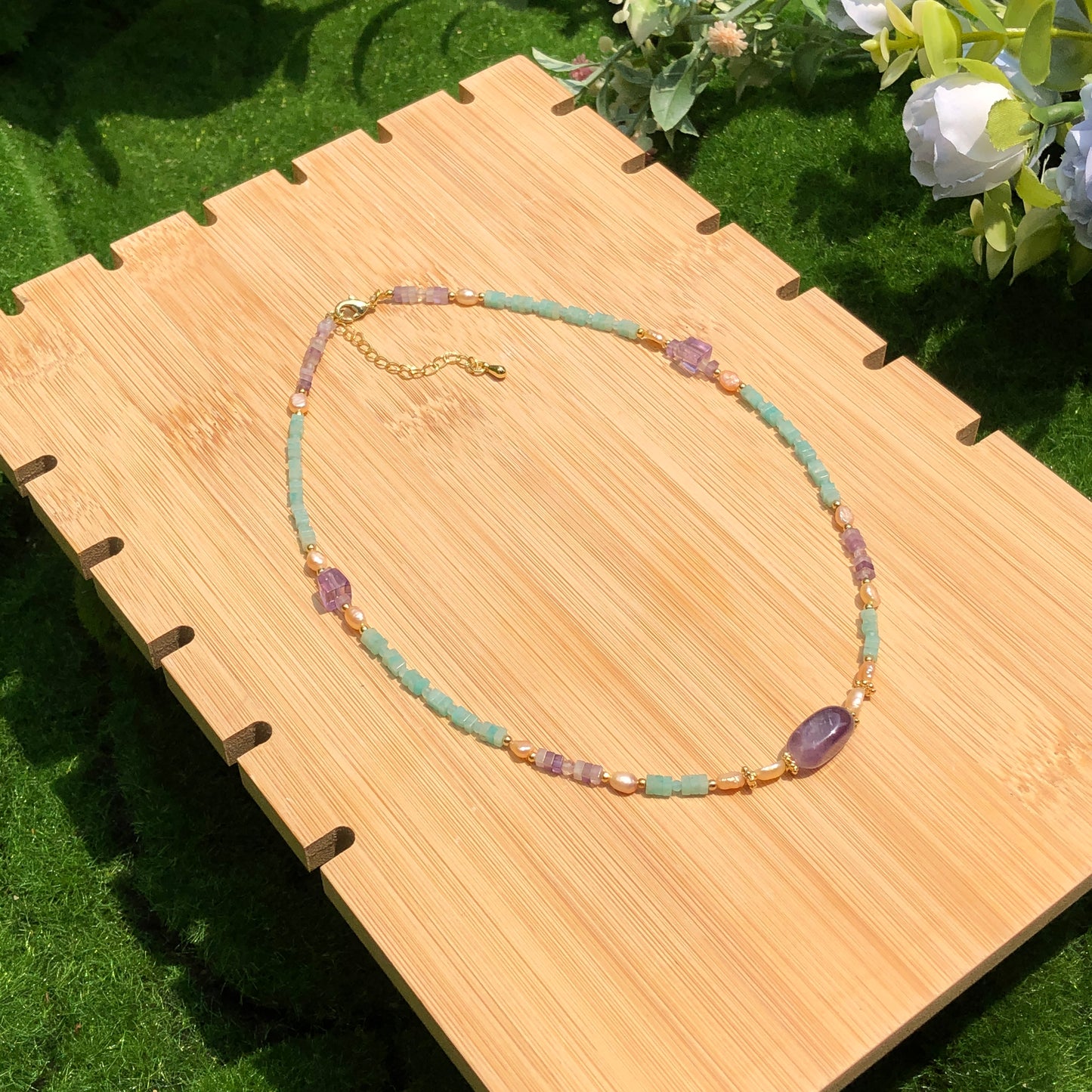 Exquisite natürliche Amazonit Amethyst Süßwasserperle Kupfer vergoldet 14K Halskette handgefertigt