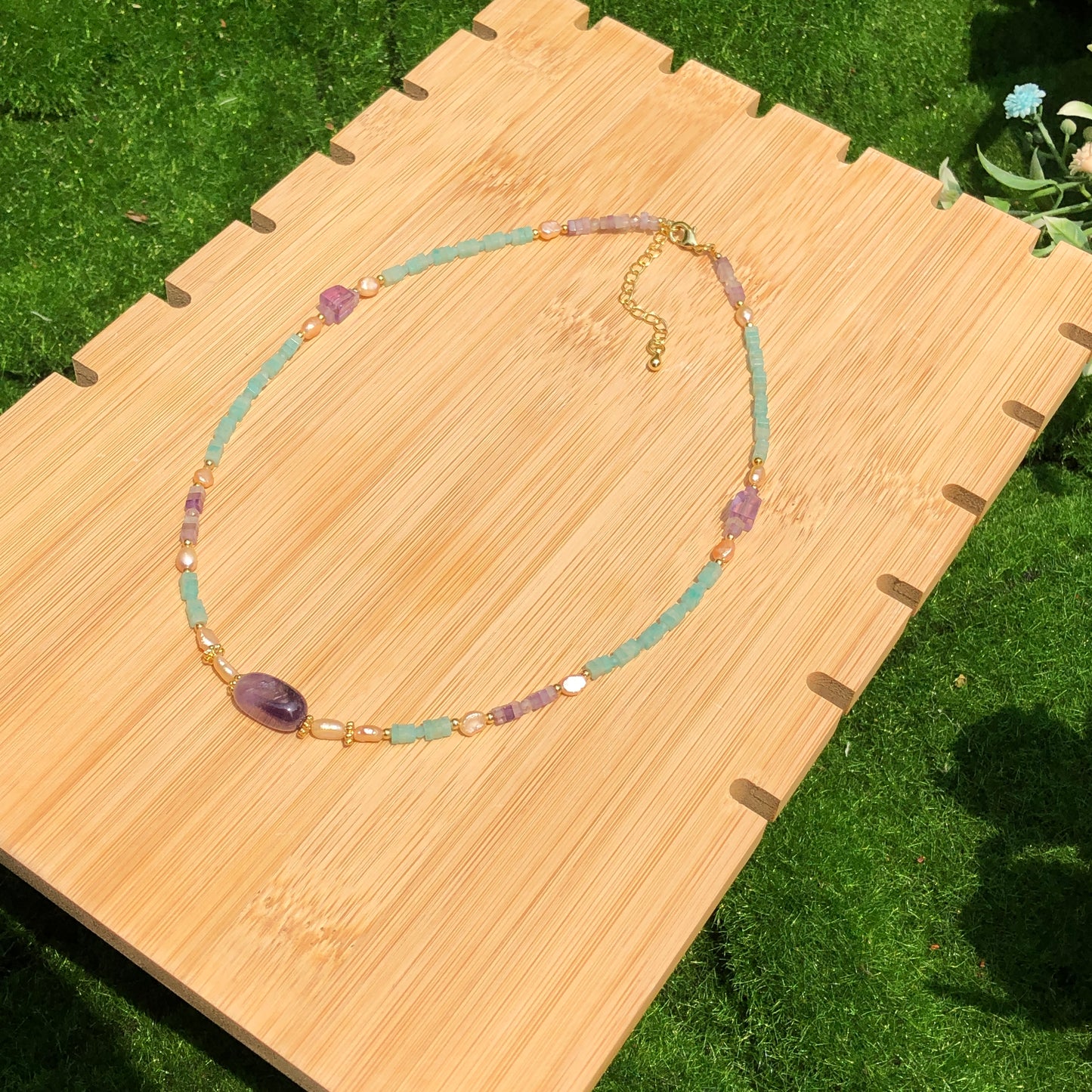 Exquisite natürliche Amazonit Amethyst Süßwasserperle Kupfer vergoldet 14K Halskette handgefertigt
