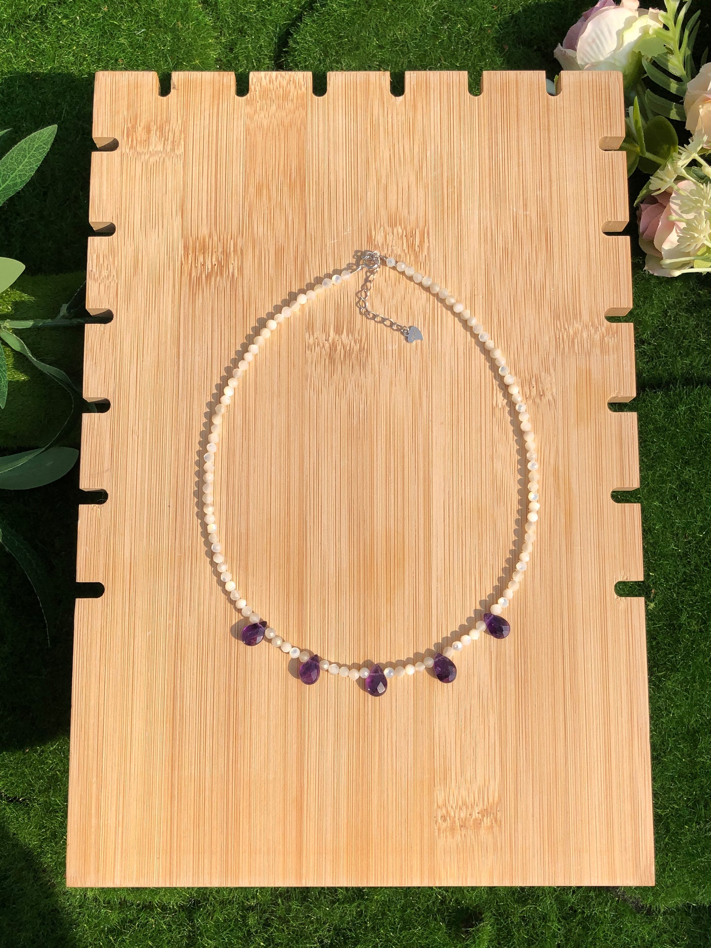 Exquisite weiße Muschel Amethyst S925 Silber Halskette handgefertigt