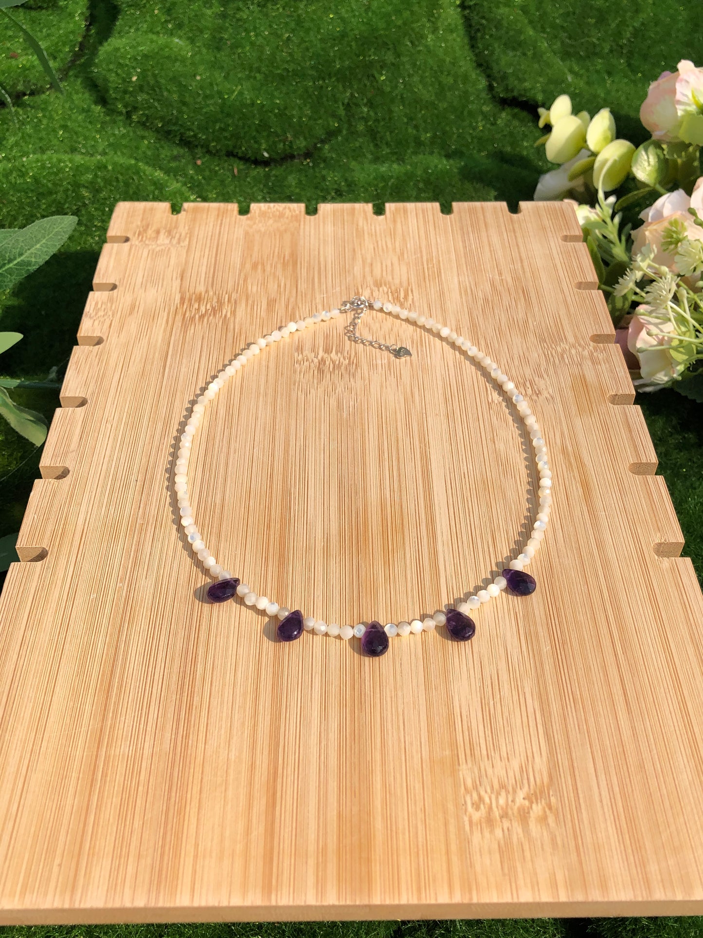 Exquisite weiße Muschel Amethyst S925 Silber Halskette handgefertigt