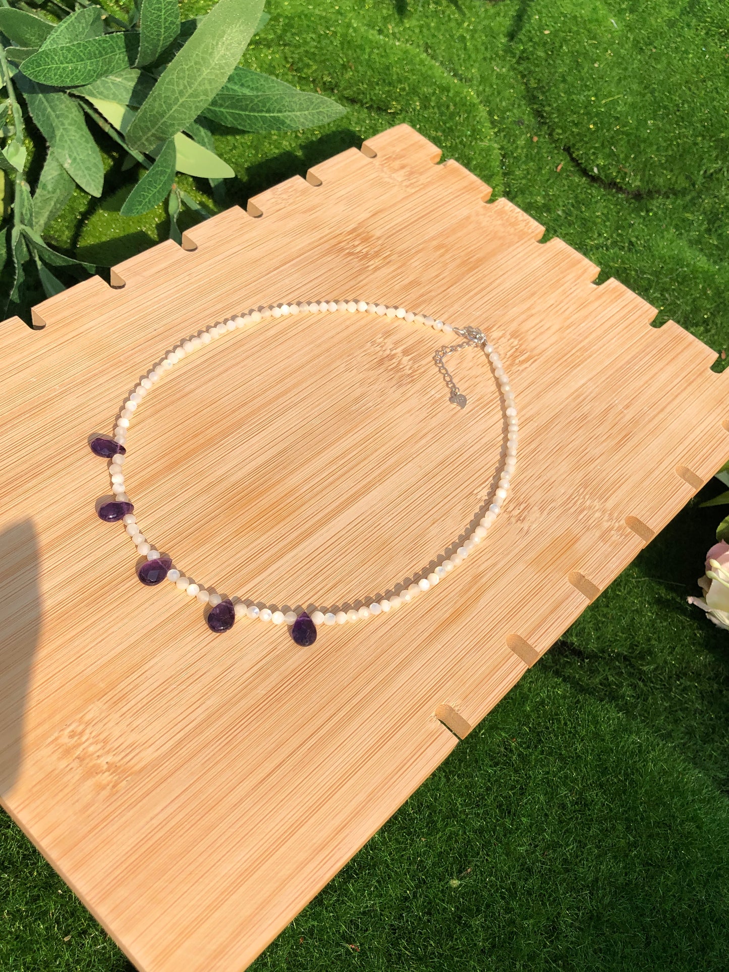 Exquisite weiße Muschel Amethyst S925 Silber Halskette handgefertigt