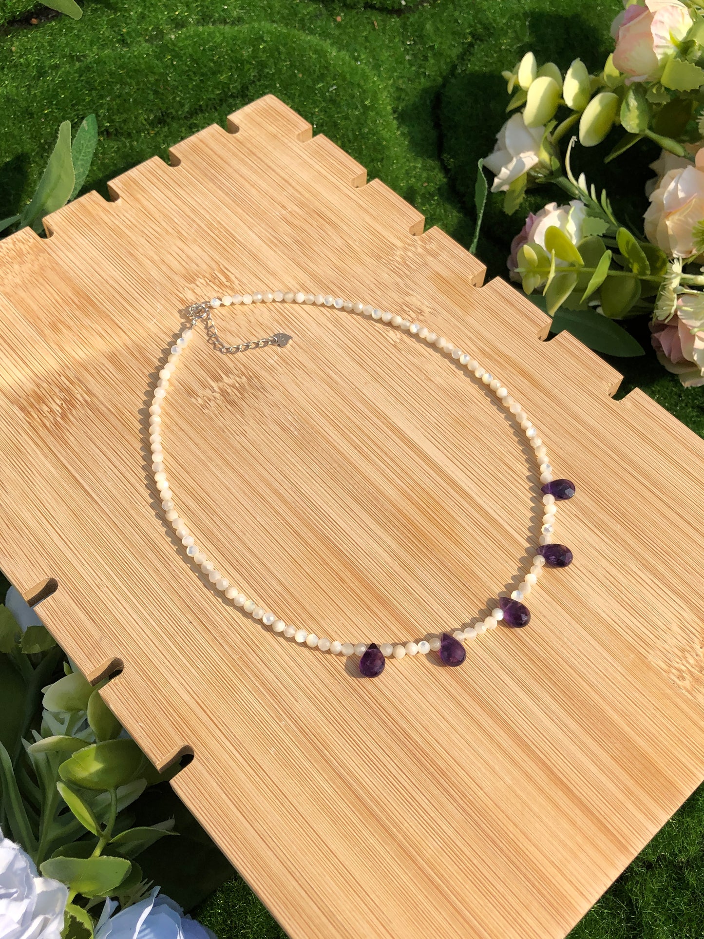 Exquisite weiße Muschel Amethyst S925 Silber Halskette handgefertigt