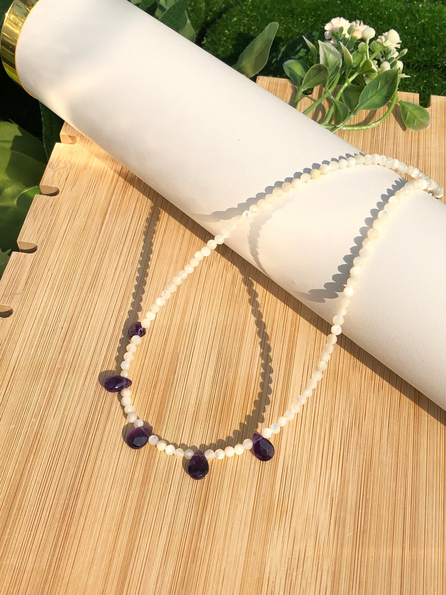 Exquisite weiße Muschel Amethyst S925 Silber Halskette handgefertigt