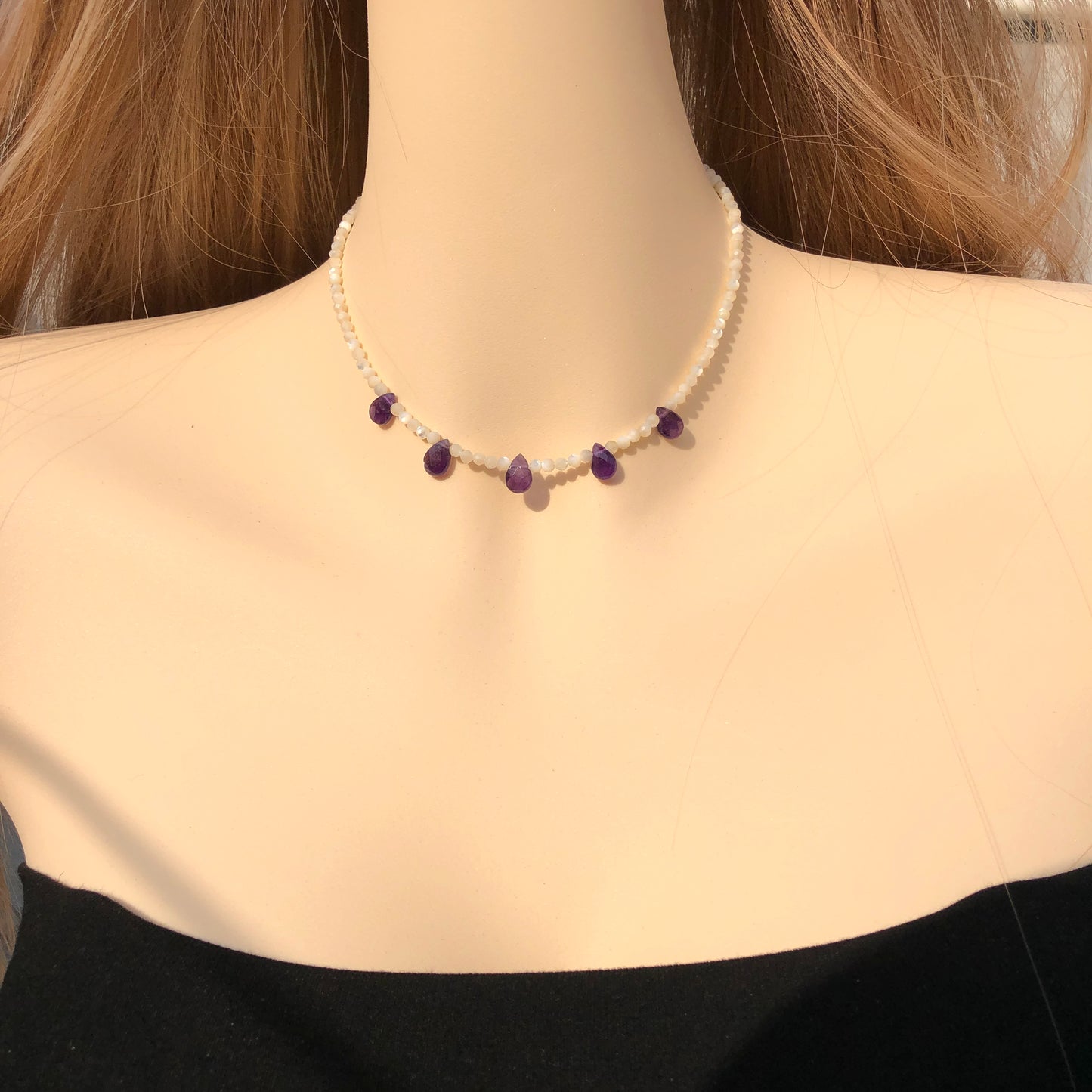 Exquisite weiße Muschel Amethyst S925 Silber Halskette handgefertigt