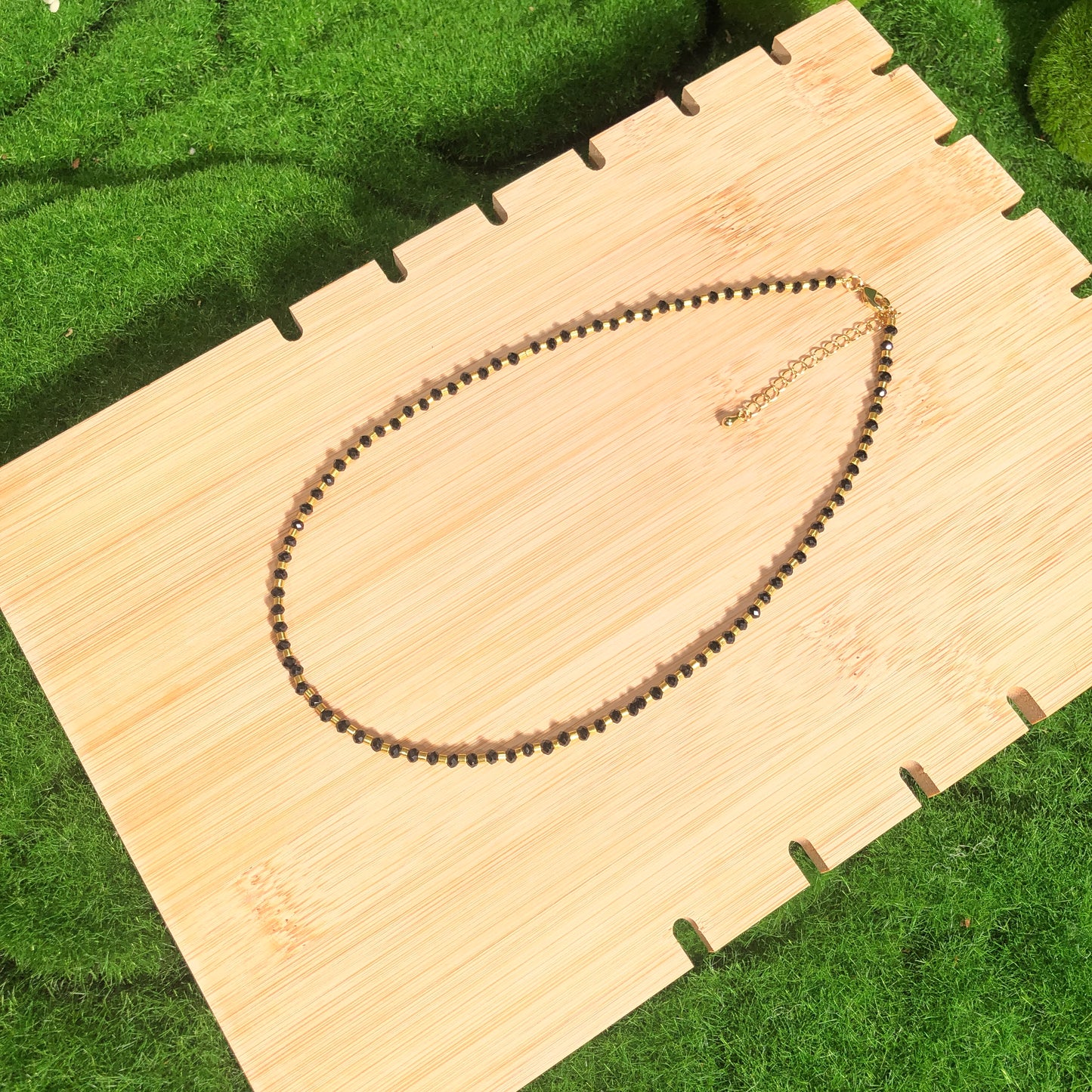 Zarte schwarze Spinellkette, Kupfer mit 14K Gold plattiert, handgefertigt