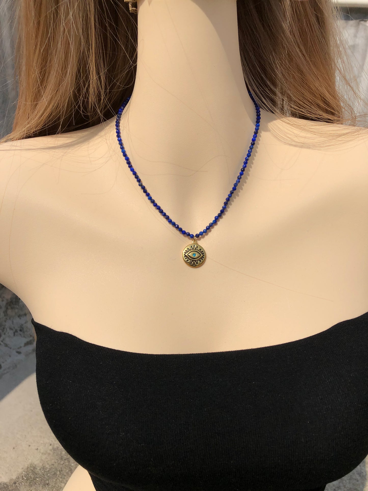 Exquisiter Lapislazuli-Teufelsauge-Anhänger aus Titanstahl 14K vergoldet handgefertigt, Verlängerungskette aus Kupfer 14K vergoldet Halskette