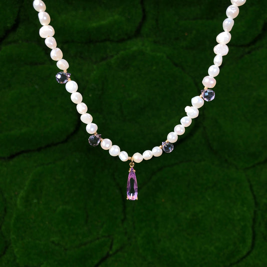 Exquisite Halskette, Süßwasserperle, lila Anhänger, Kupfer mit 14K Gold plattiert, handgefertigt