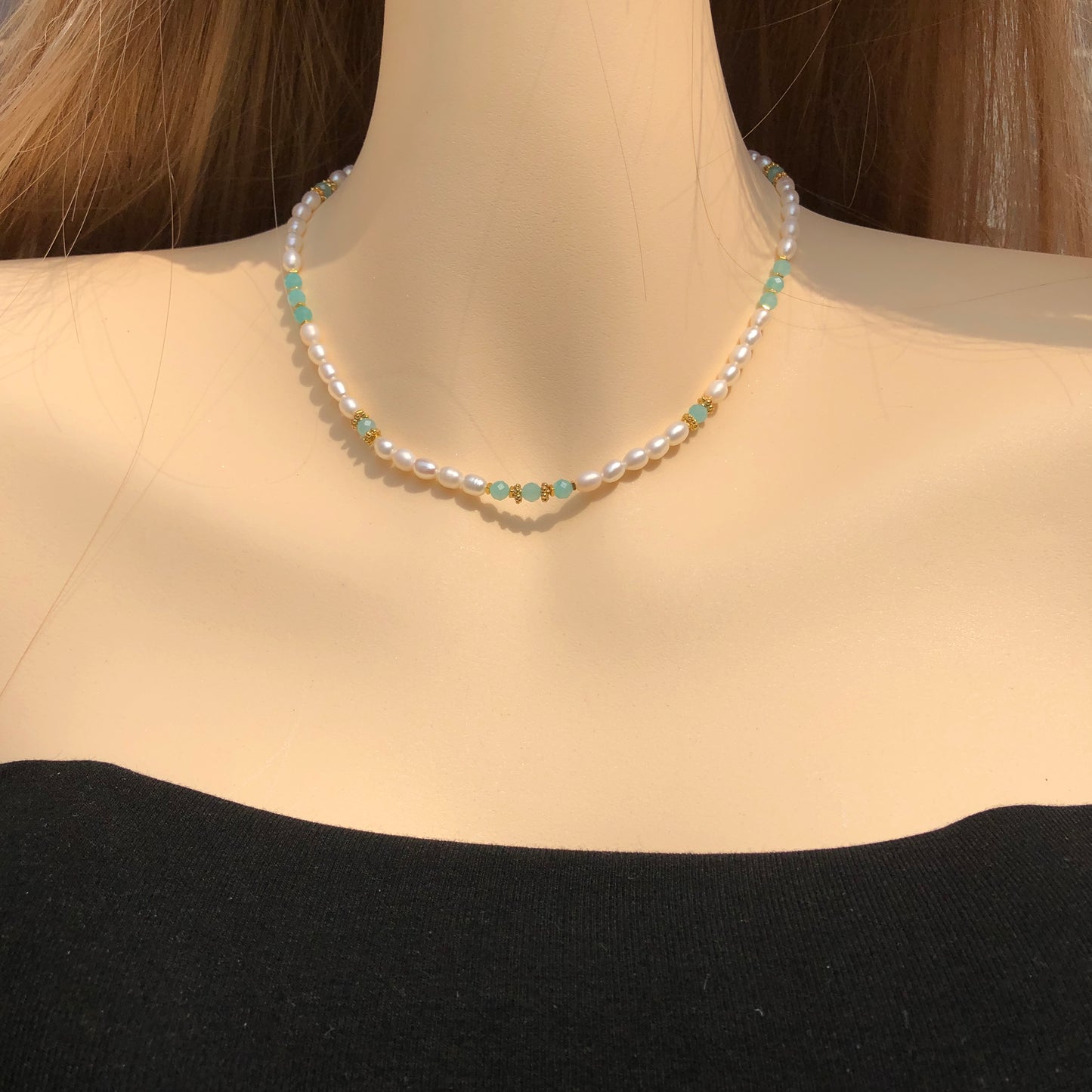 Natürliche Süßwasserperle Amazonit Halskette Kupfer vergoldet 14K Silber vergoldet 14K handgefertigt