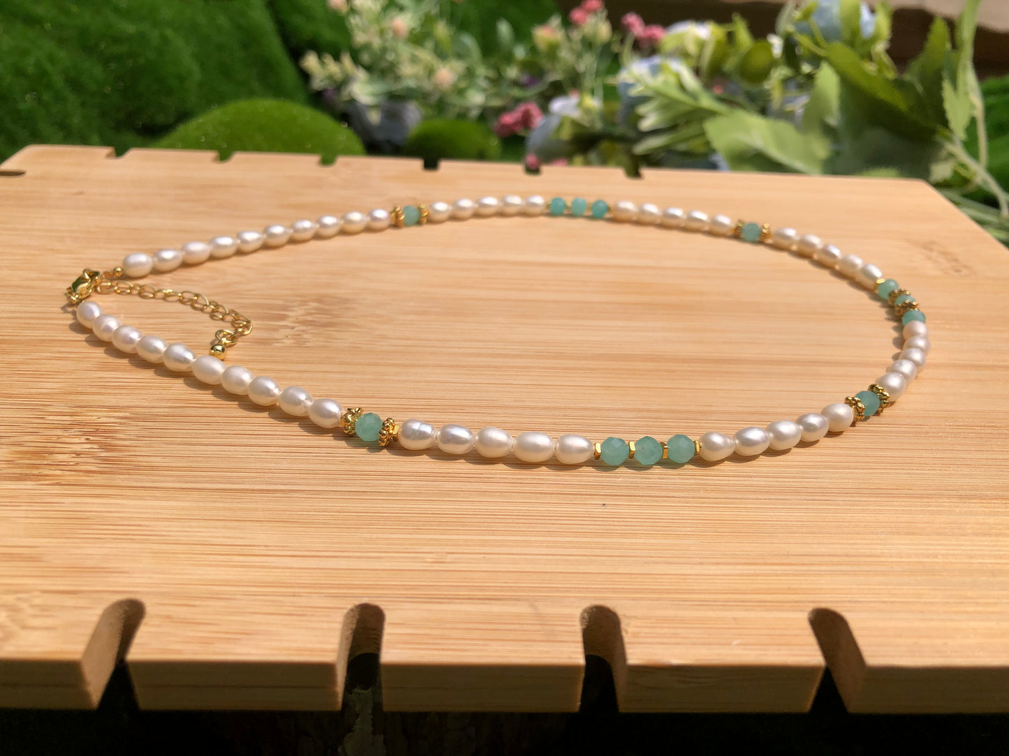 Natürliche Süßwasserperle Amazonit Halskette Kupfer vergoldet 14K Silber vergoldet 14K handgefertigt