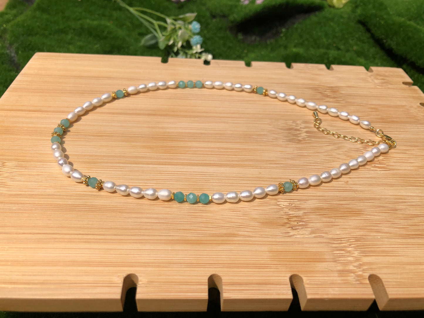 Natürliche Süßwasserperle Amazonit Halskette Kupfer vergoldet 14K Silber vergoldet 14K handgefertigt