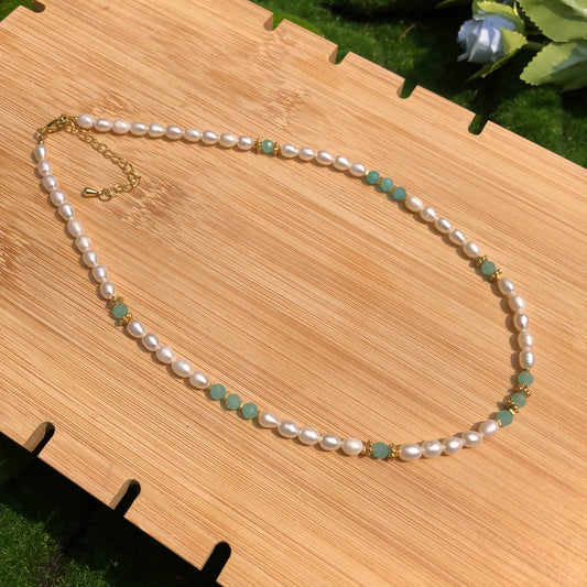 Natürliche Süßwasserperle Amazonit Halskette Kupfer vergoldet 14K Silber vergoldet 14K handgefertigt