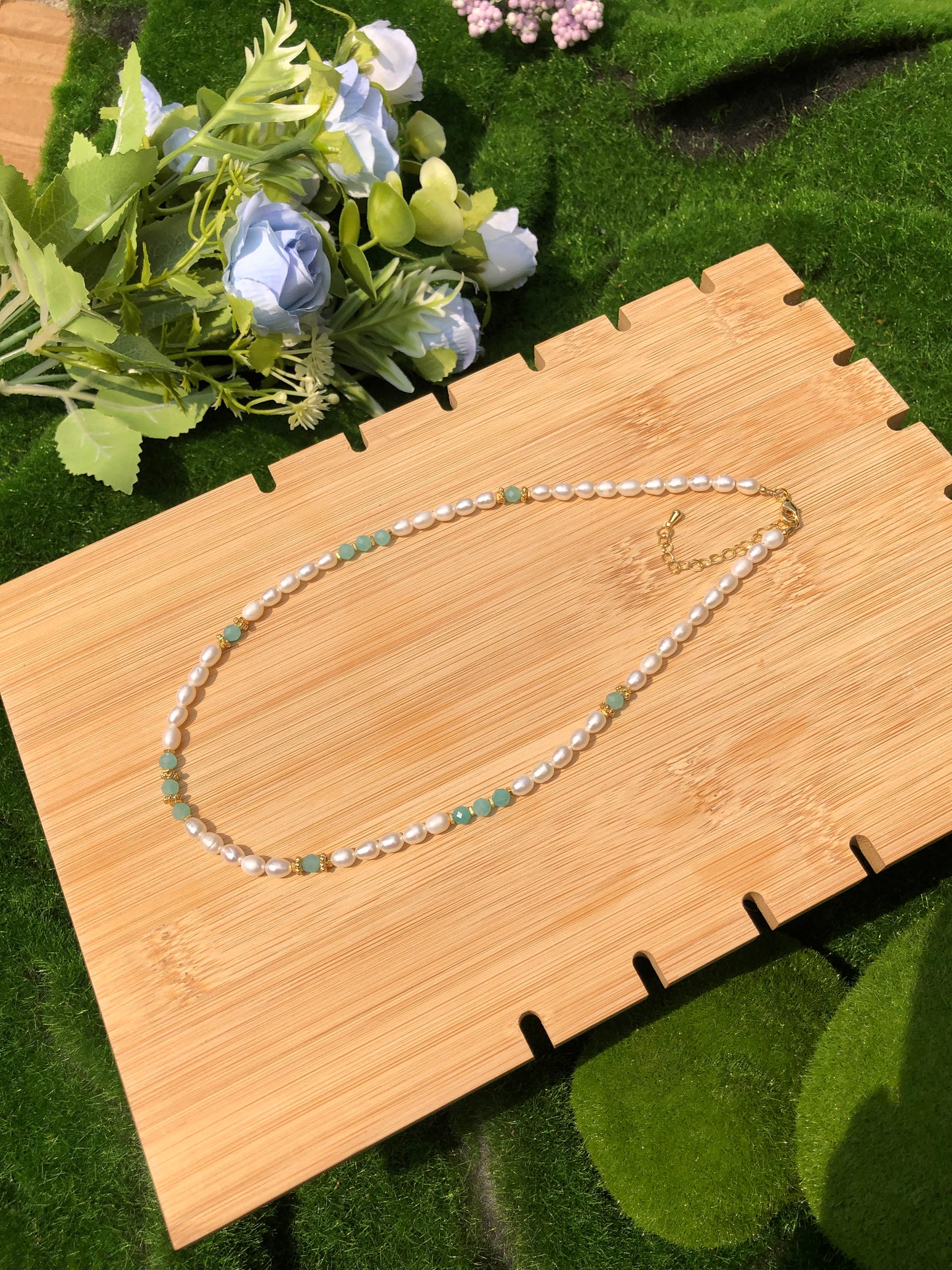 Natürliche Süßwasserperle Amazonit Halskette Kupfer vergoldet 14K Silber vergoldet 14K handgefertigt