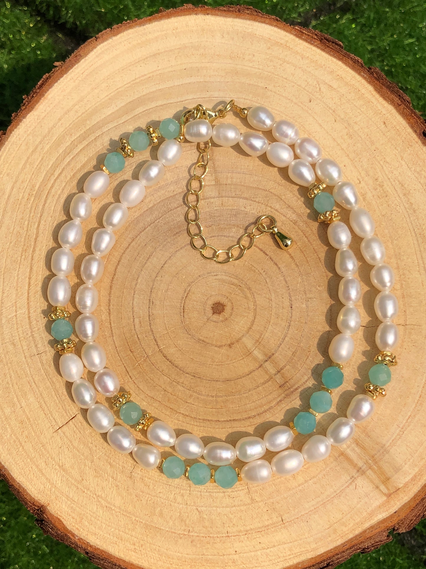 Natürliche Süßwasserperle Amazonit Halskette Kupfer vergoldet 14K Silber vergoldet 14K handgefertigt