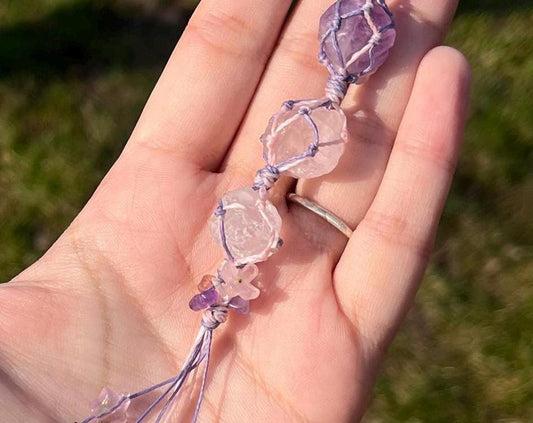 Gemstone Keychain Amethyst Rose Quartz Rock Crystal Keychain Balance Relaxation Macrame Handmade