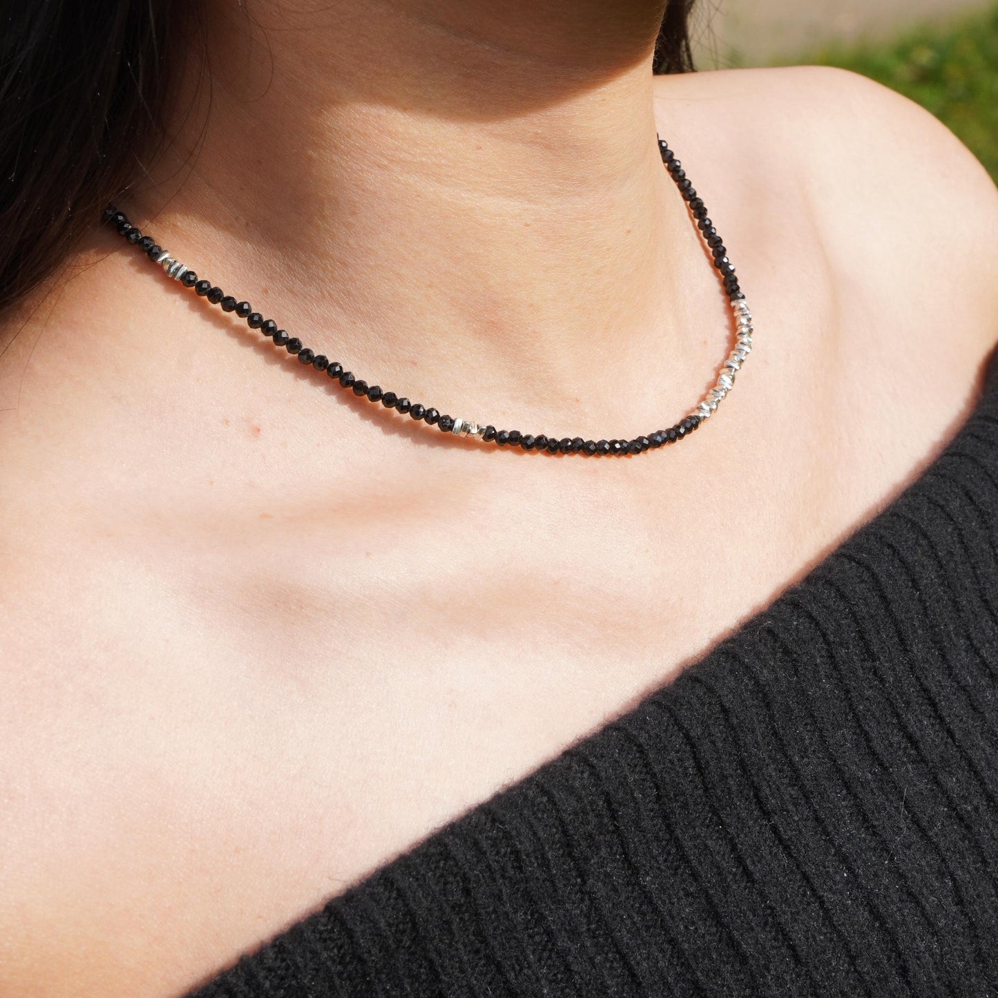 Feine Halskette Schwarzer Spinell Halskette Kupfer Edelstein Halskette Handmade Handgefertigte Halskette