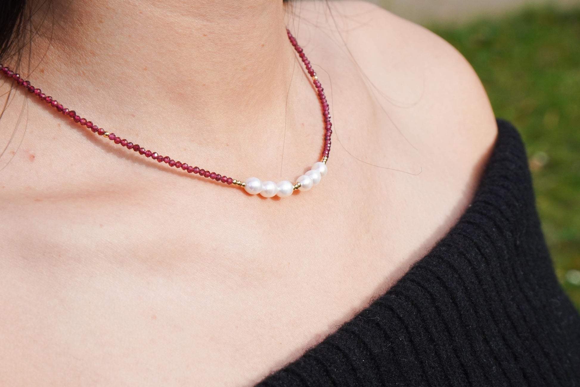 Feine Halskette Granat Süßwasserperlen Halskette Edelstein Halskette Handmade Handgefertigt Halskette Rot