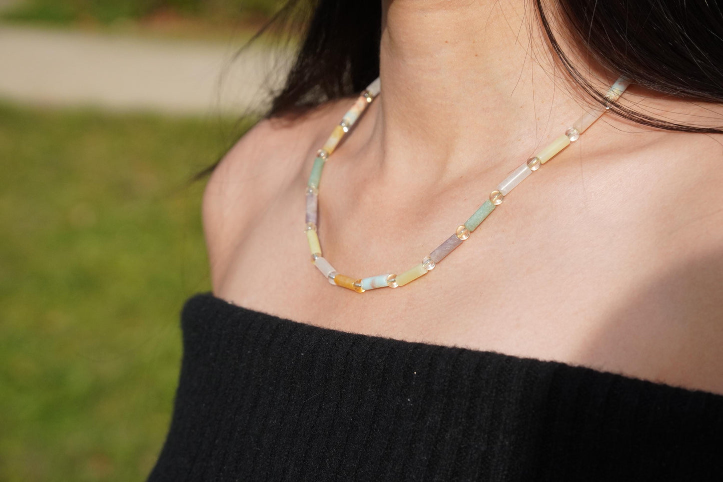 Feine Halskette Agalmatolit Kristalle Achat Edelstein Halskette Regenbogen Bunt Halskette Handgemacht