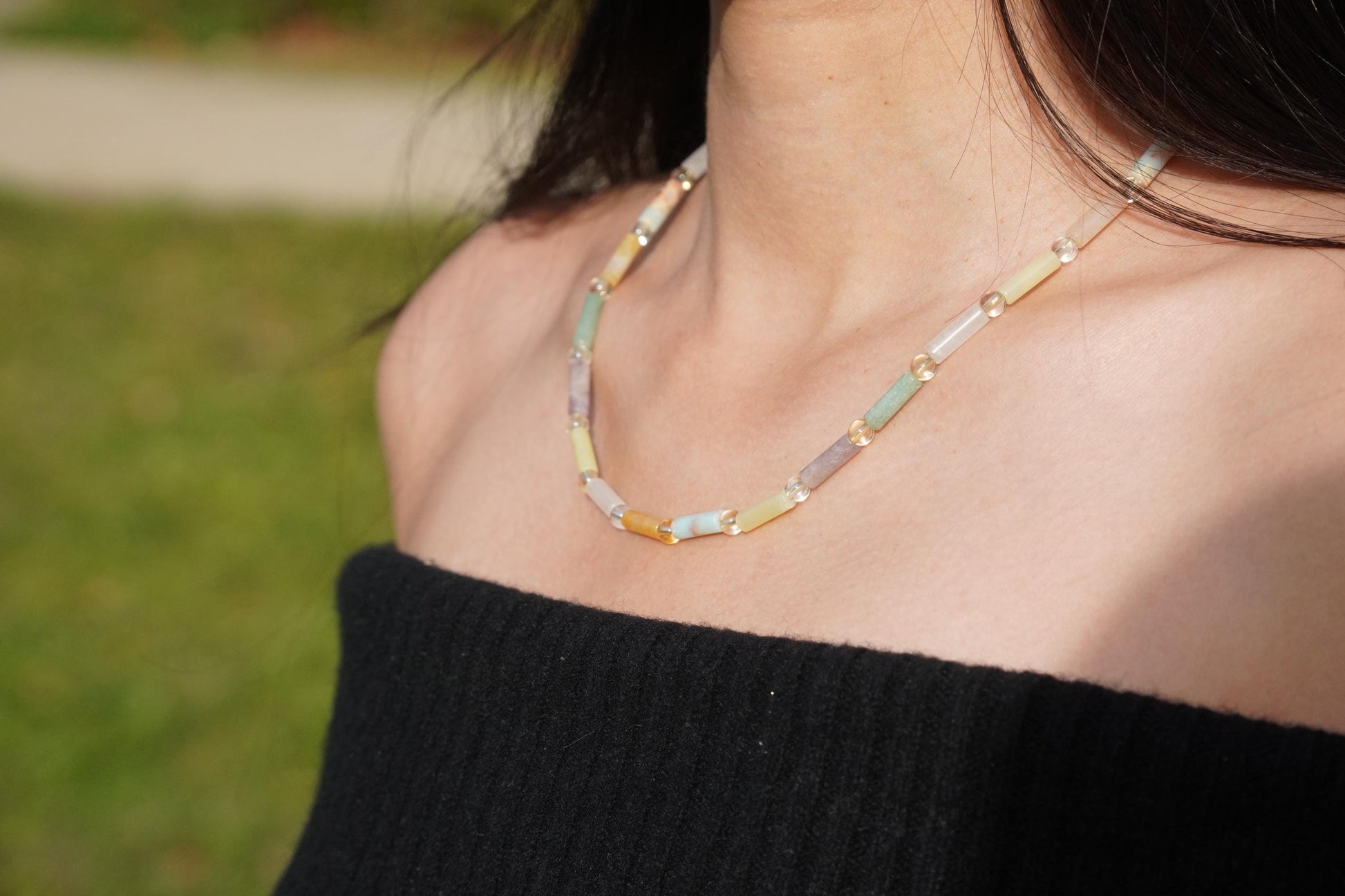 Feine Halskette Agalmatolit Kristalle Achat Edelstein Halskette Regenbogen Bunt Halskette Handgemacht