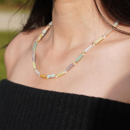 Feine Halskette Agalmatolit Kristalle Achat Edelstein Halskette Regenbogen Bunt Halskette Handgemacht