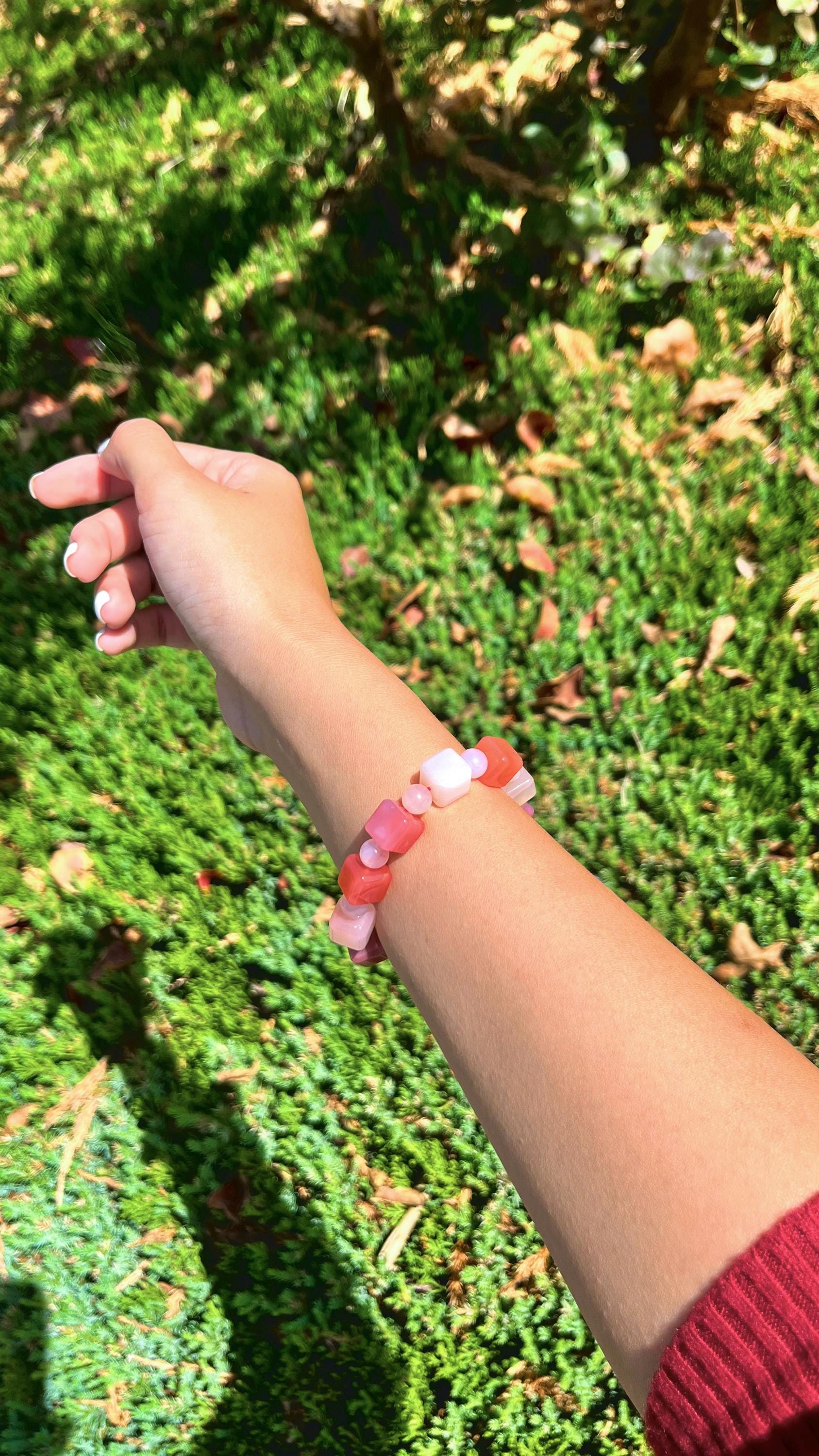 Achat Perlenarmband Quadrat Pink / Rosa Armband handmade Armband handgemacht Edelstein Armband