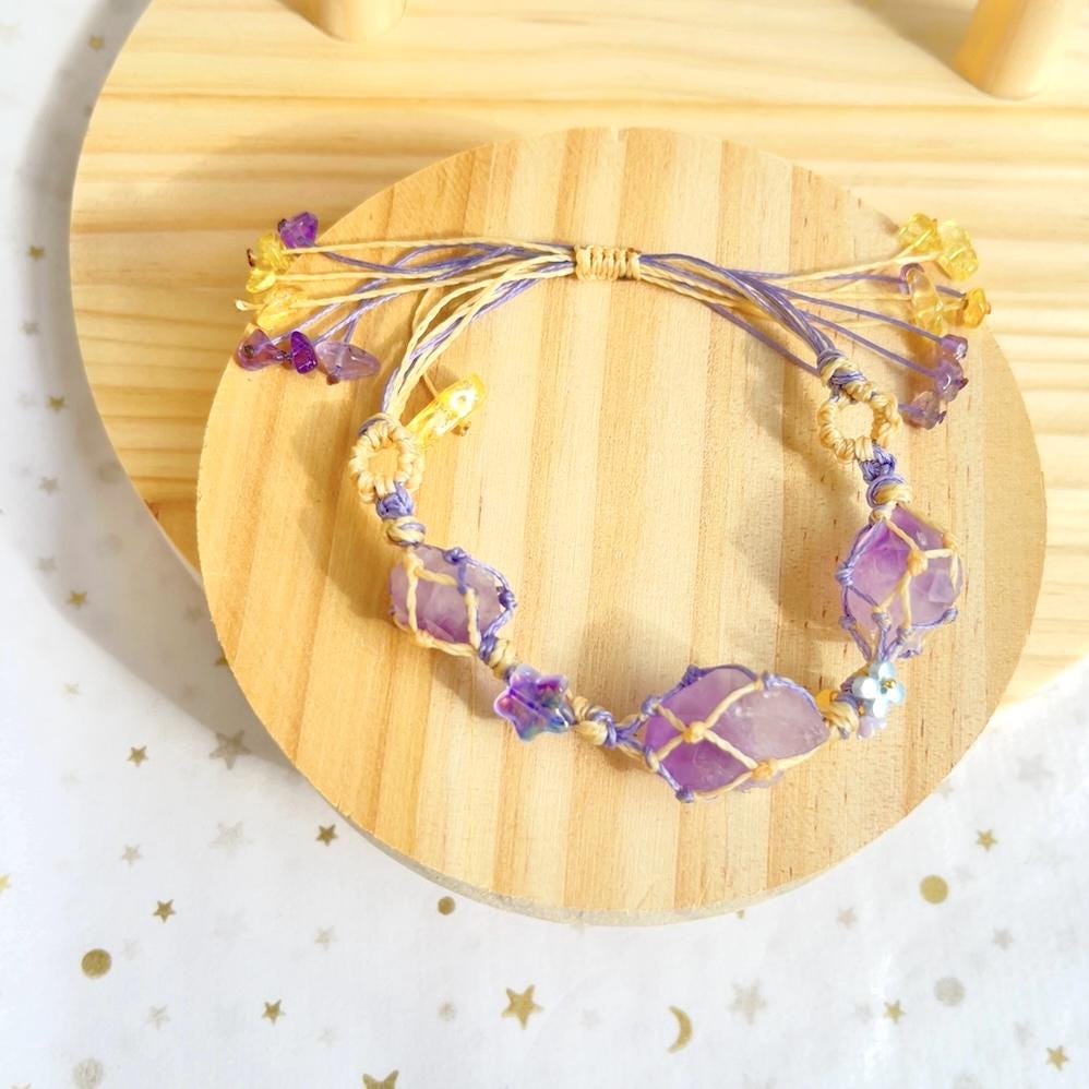 Symphonie - Makramee Edelstein Armband mit Amethyst Handgemacht Lila Gelb Armband
