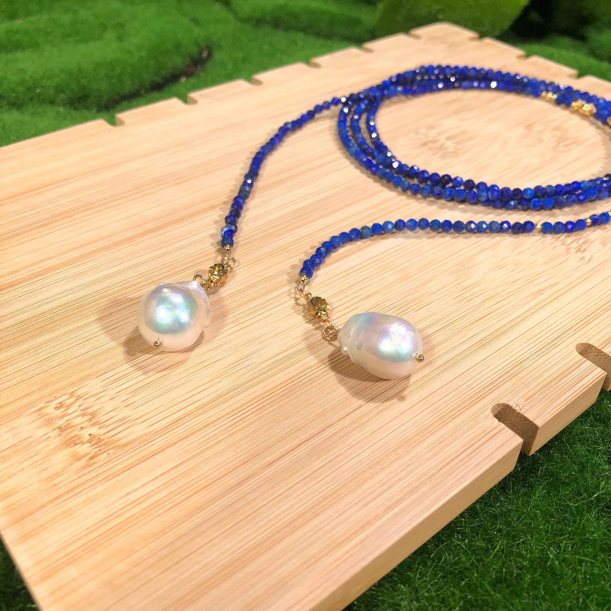 Lazurit Halskette Barock Perlen Halskette lange Halskette handgemacht facettiet 14k Vergoldet Edelstein Halskette feine halskette
