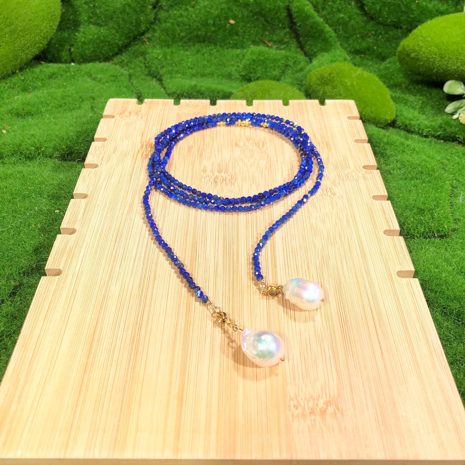 Lazurit Halskette Barock Perlen Halskette lange Halskette handgemacht facettiet 14k Vergoldet Edelstein Halskette feine halskette