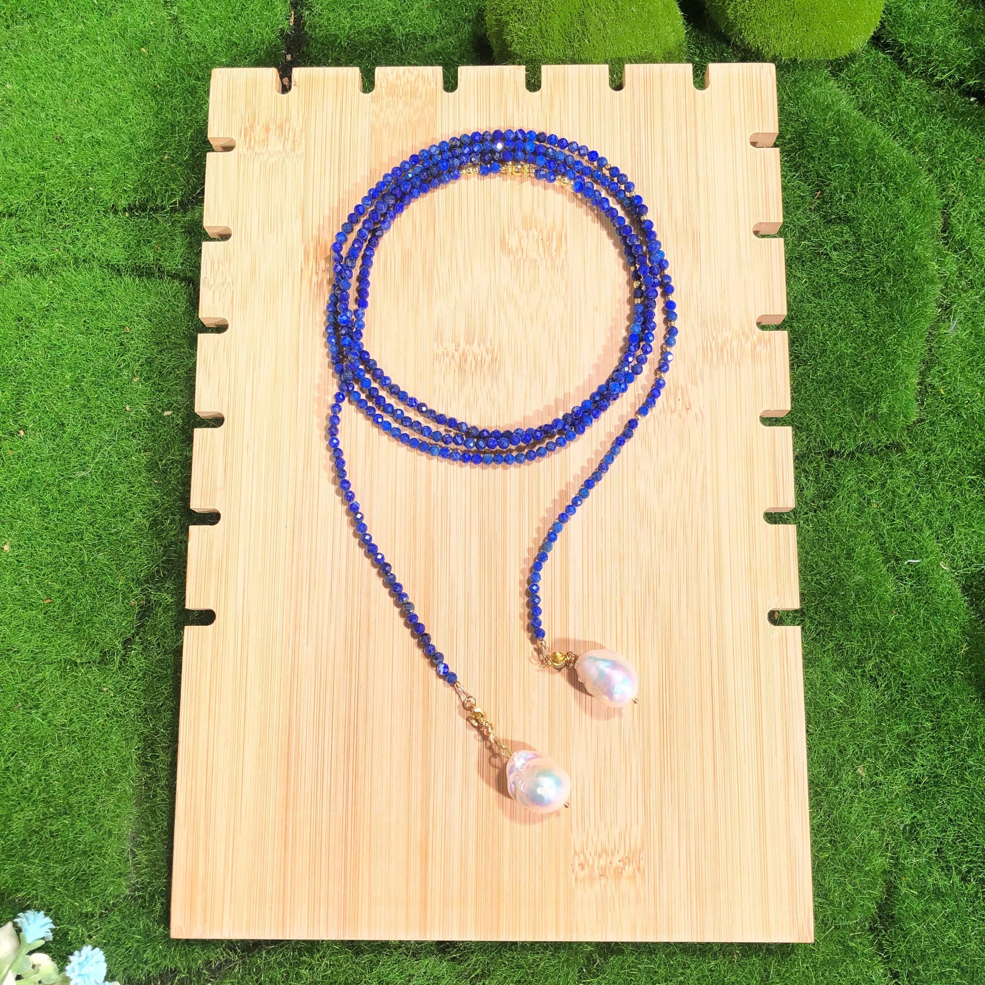 Lazurit Halskette Barock Perlen Halskette lange Halskette handgemacht facettiet 14k Vergoldet Edelstein Halskette feine halskette