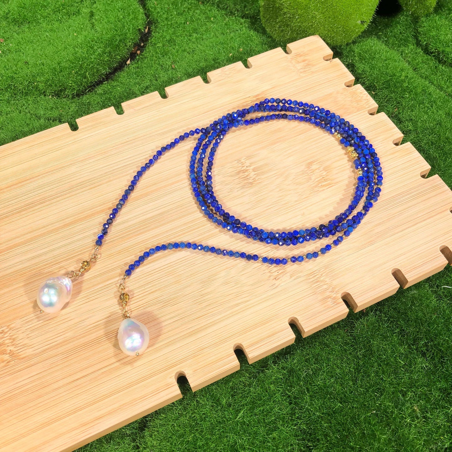 Lazurit Halskette Barock Perlen Halskette lange Halskette handgemacht facettiet 14k Vergoldet Edelstein Halskette feine halskette