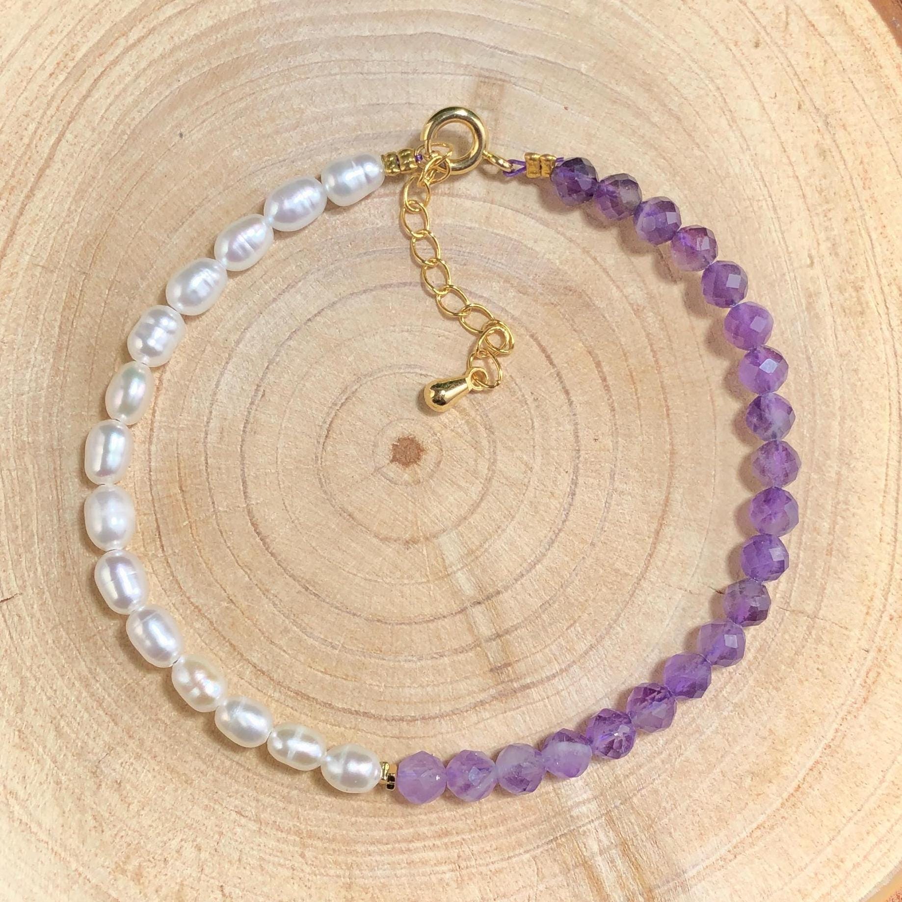 Feines Armband Amethyst Perlen Süßwasserperlen Armband Edelstein Gemstone 14k vergoldet handgemacht