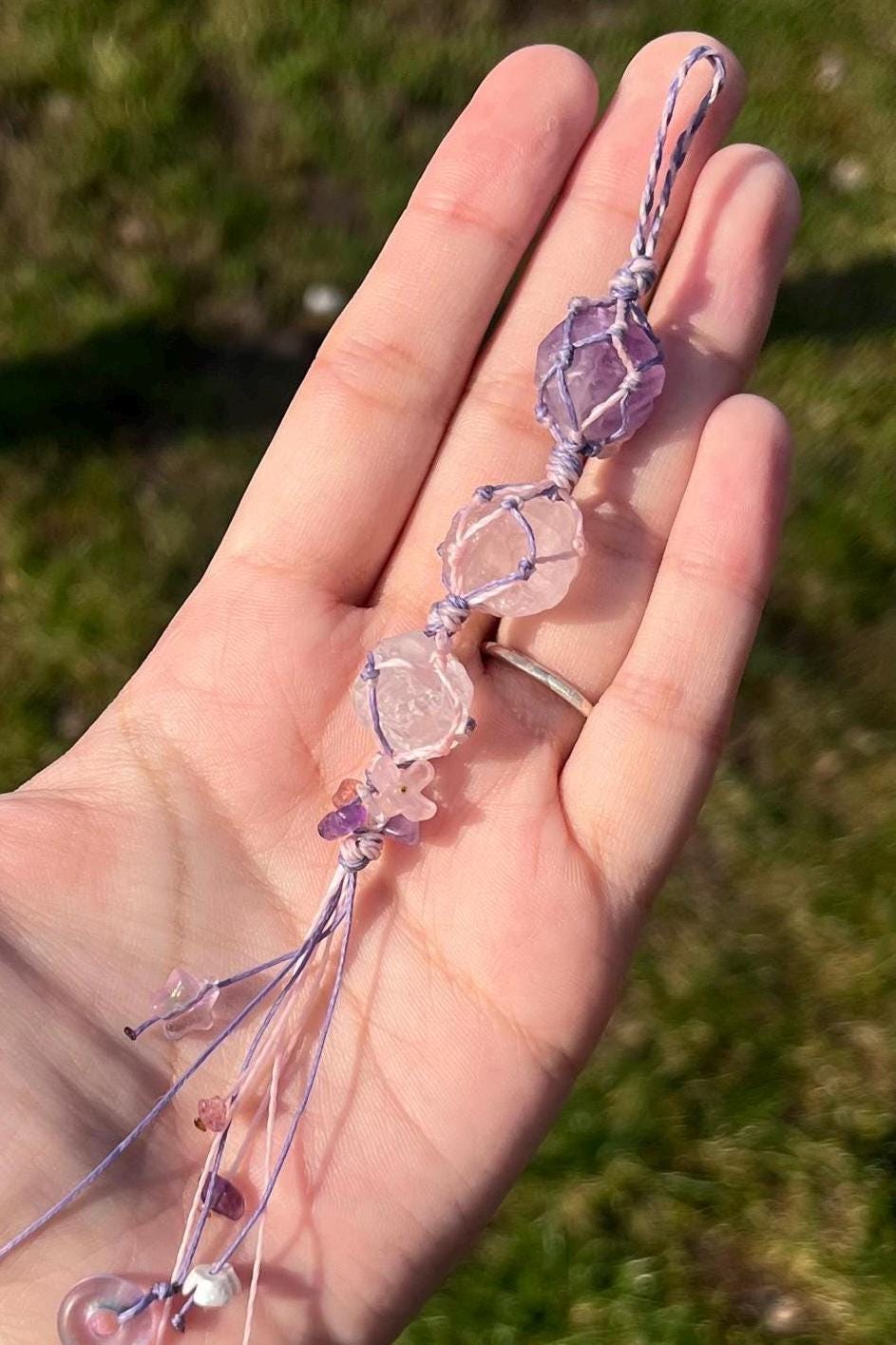 Edelstein Schlüsselanhänger Amethyst Rosenquarz Bergkristall Schlüsselanhänger Gleichgewicht Entspannung Makramee handgemacht