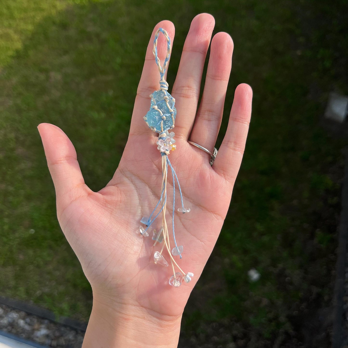 Edelstein Handgemacht Makramee Aquamarin Schlüsselanhänger - Gemstone Macrame Handmade Keychain - Aquamarine