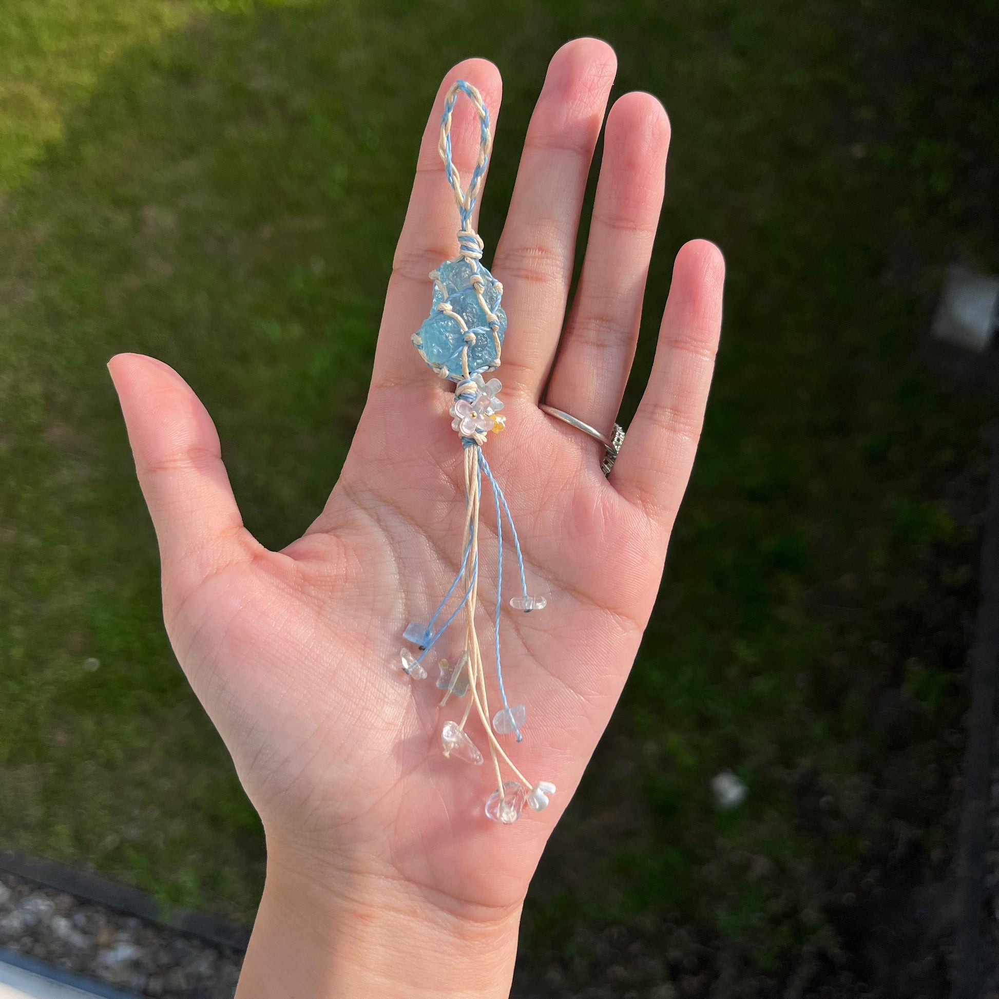 Edelstein Handgemacht Makramee Aquamarin Schlüsselanhänger - Gemstone Macrame Handmade Keychain - Aquamarine