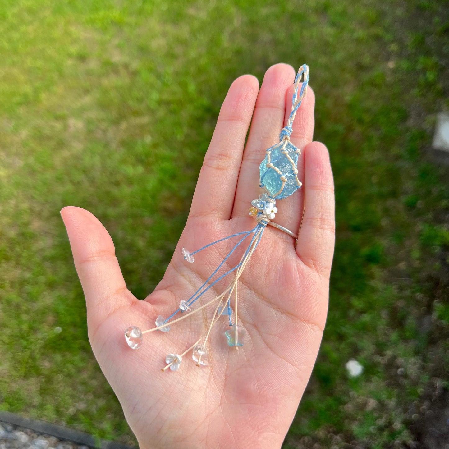 Edelstein Handgemacht Makramee Aquamarin Schlüsselanhänger - Gemstone Macrame Handmade Keychain - Aquamarine