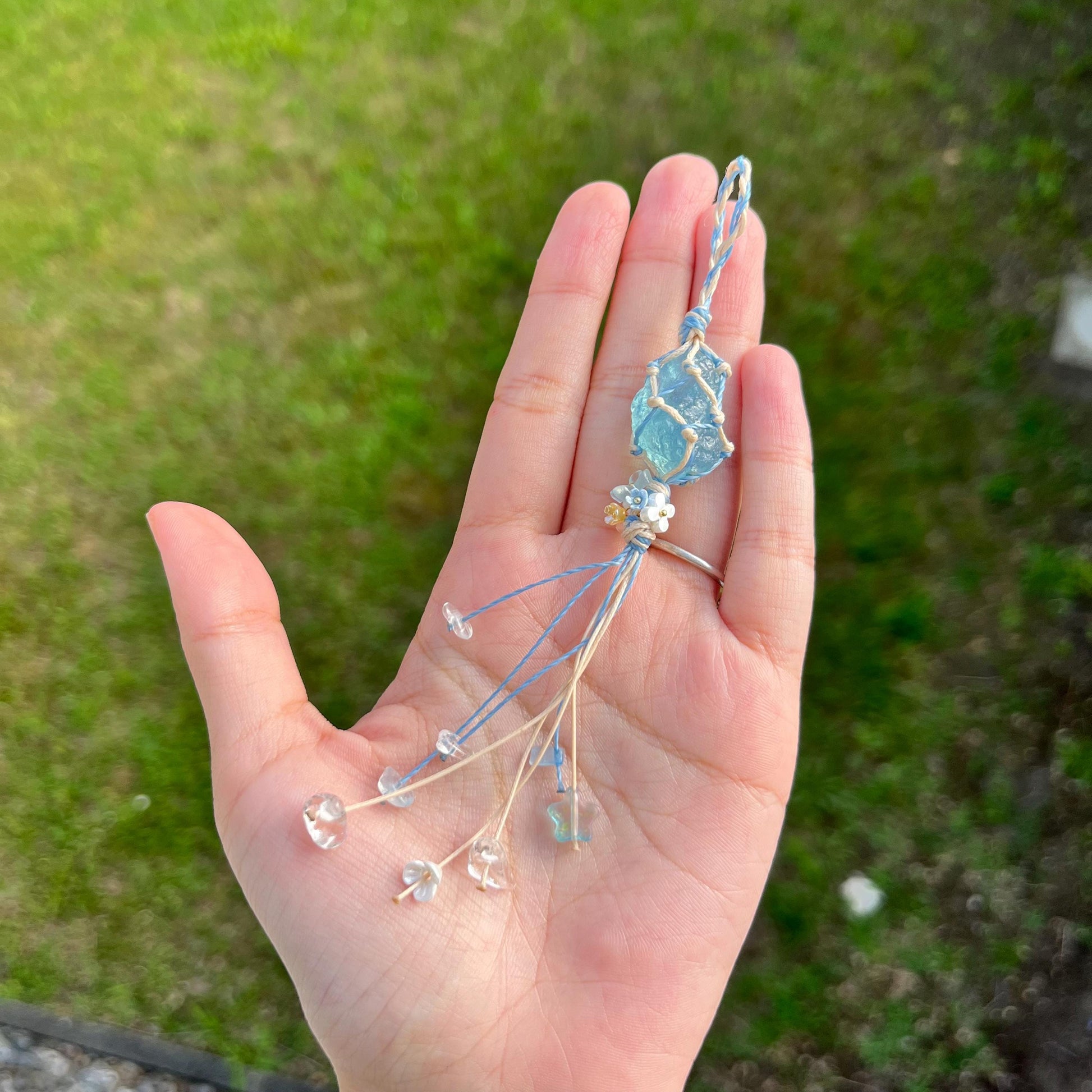 Edelstein Handgemacht Makramee Aquamarin Schlüsselanhänger - Gemstone Macrame Handmade Keychain - Aquamarine