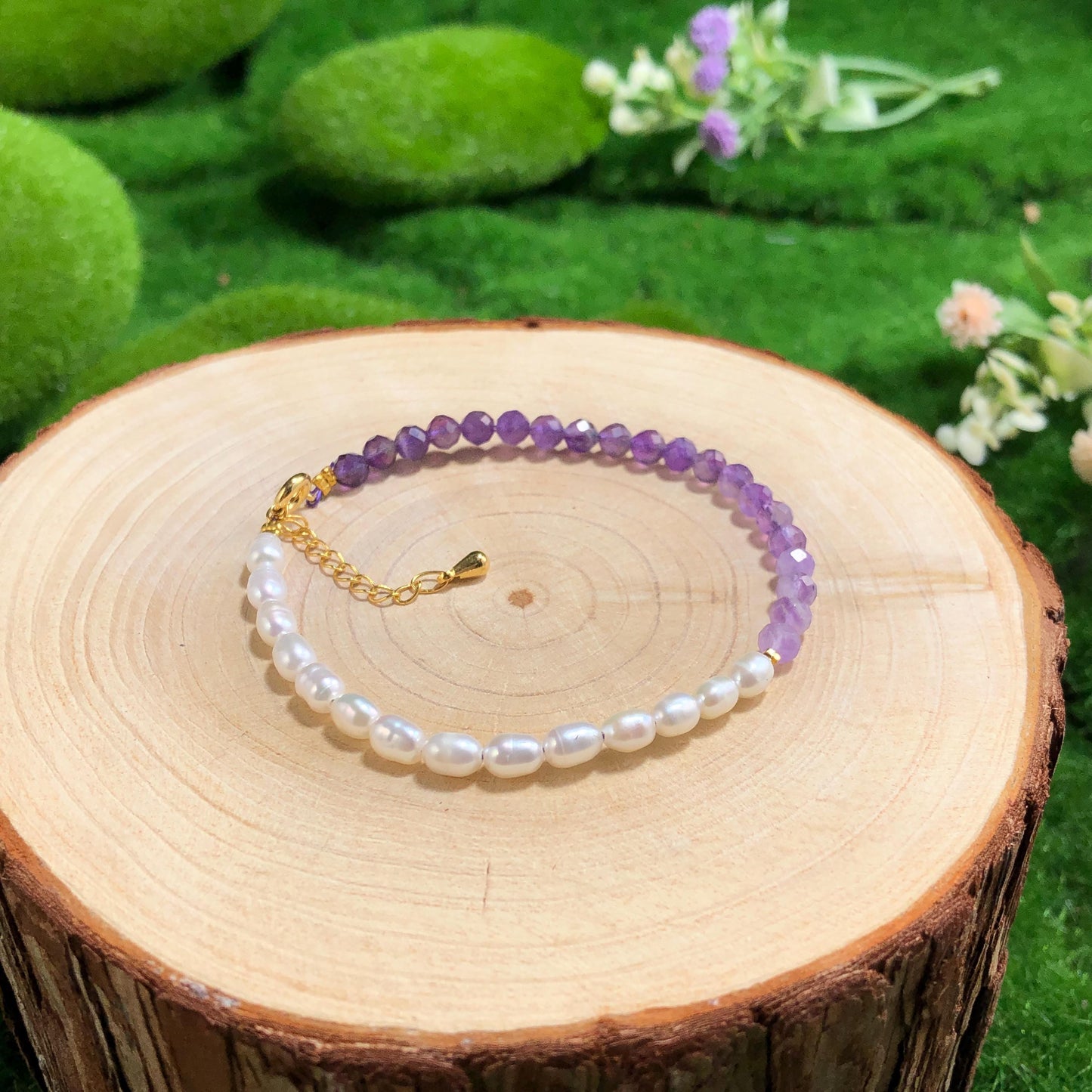 Feines Armband Amethyst Perlen Süßwasserperlen Armband Edelstein Gemstone 14k vergoldet handgemacht