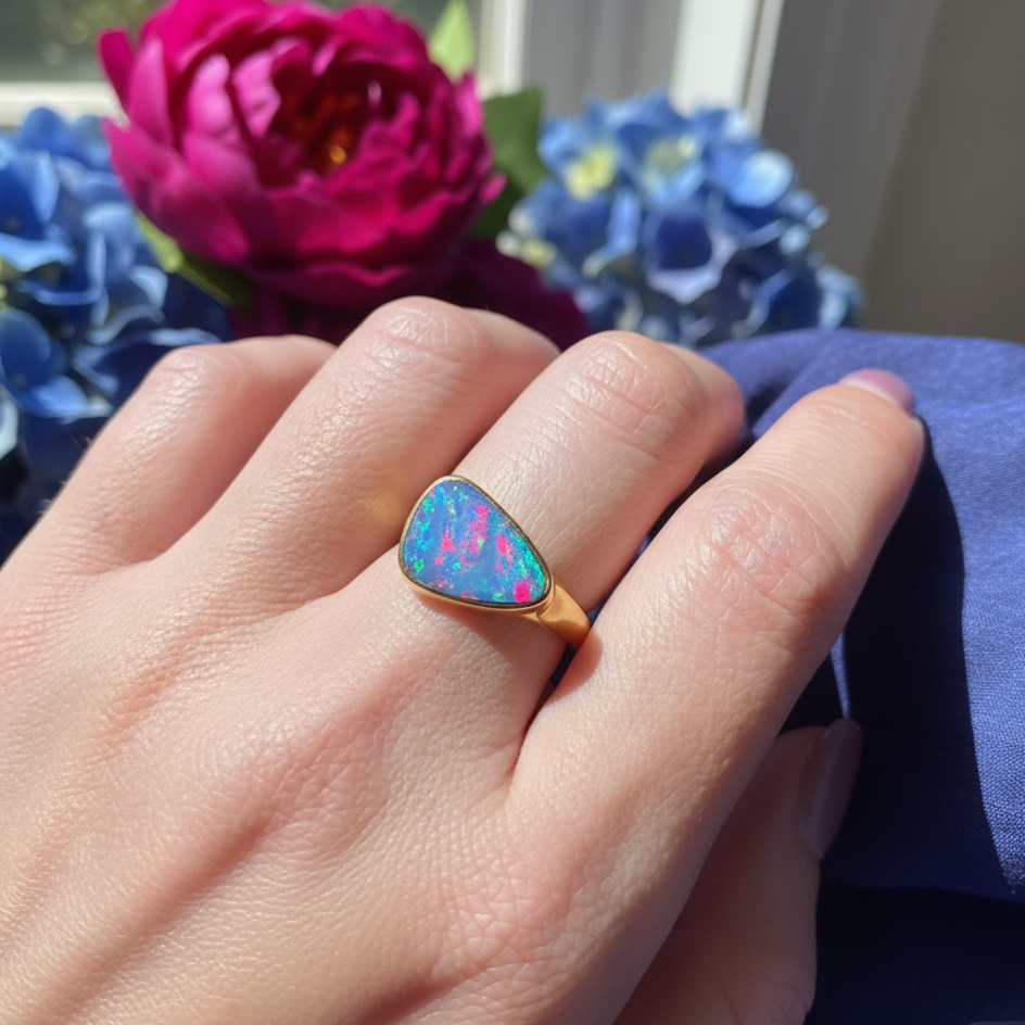 MAKAMOKA Devine - Australischer Opal Doublette Ring S925 Silver 14K vergoldet Größe 7