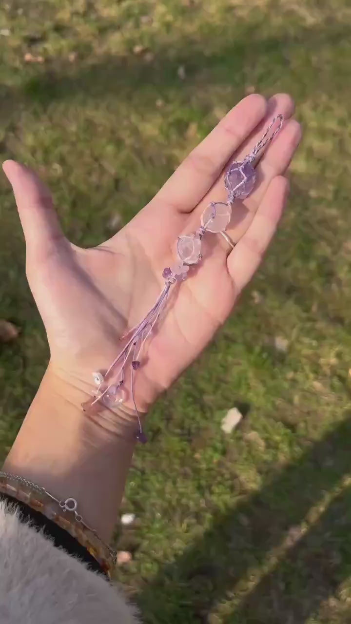 Edelstein  Schlüsselanhänger Amethyst Rosenquarz Bergkristall Schlüsselanhänger Gleichgewicht Entspannung Makramee handgemacht